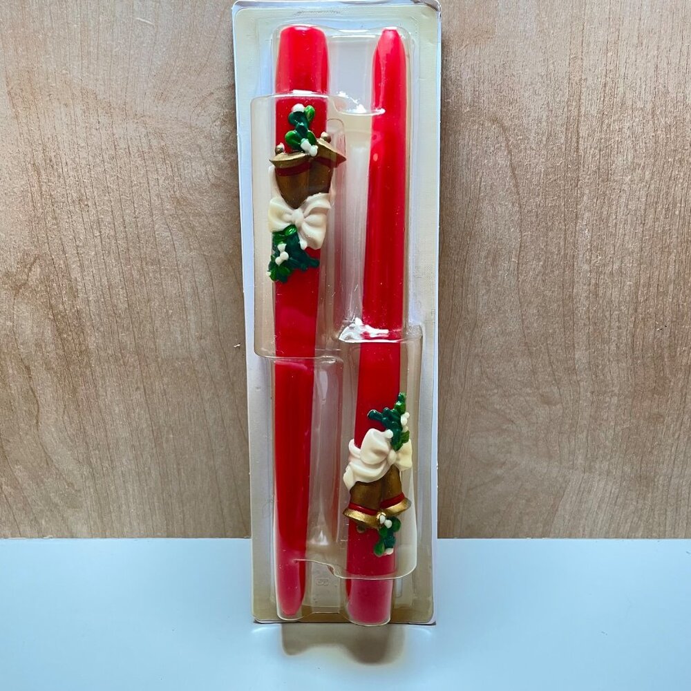 Vintage Christmas 8” Red Taper Candles With Decorative Bells & Holly Set Of 2